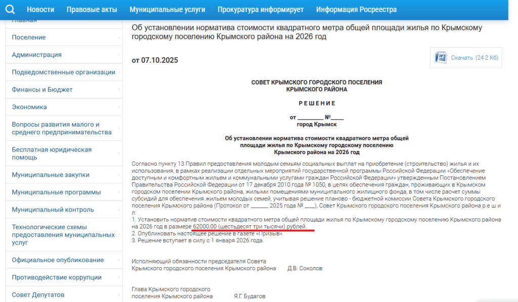 В Крымске почти установили стоимость квадратного метра жилья на 2026 год